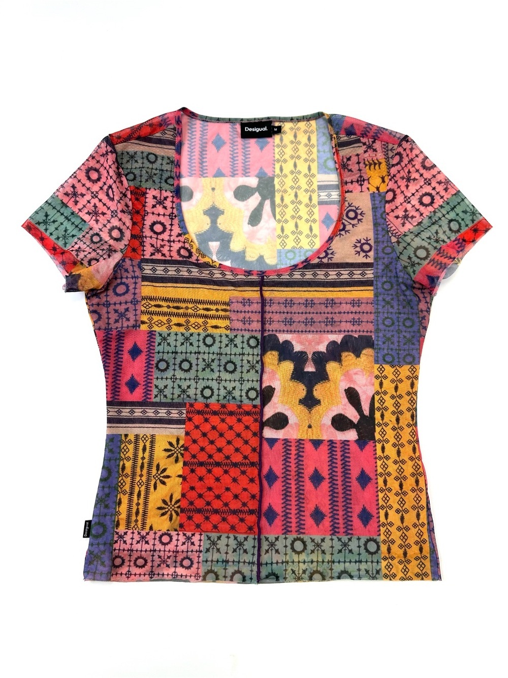 Desigual patchwork mesh tshirt top Medium stretchy sheer abstract multicolour
